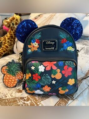 Loungefly Disney Tropical Pineapple Floral Mini Backpack with Blue Sequin Ears